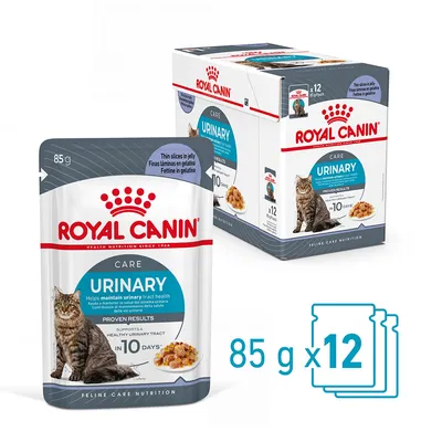 Royal Canin Care Urinary, sachet 85 g et boîte de 12 sachets visibles, texte : supports a healthy urinary tract in 10 days, fines lamelles en gelée, image d’un chat.