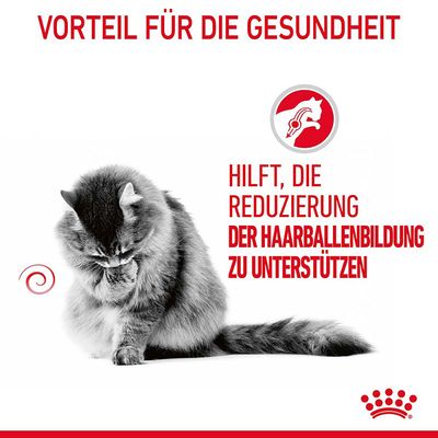 Prednost za zdravlje: pomaže u smanjenju stvaranja kuglica od dlake. Slika mačke i Royal Canin logotip.