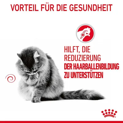 Texte en allemand : Vorteil für die Gesundheit. Hilft, die Reduzierung der Haarballenbildung zu unterstützen. Image d’un chat et logo Royal Canin.
