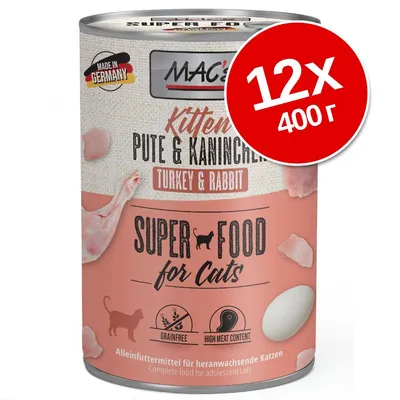 Консерва MAC's Kitten Turkey & Rabbit, Super Food for Cats, 12×400 г. Без зърно, високо съдържание на месо. Made in Germany. За подрастващи котки.