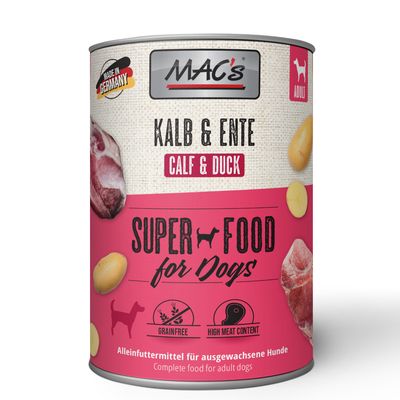 Lot de 24 boîtes MAC’s Super Food for Dogs, Kopfﬂeisch & Karotten, Beef Jowel & Carrots, 400 g chacune, sans céréales, 93 % bœuf, pour chiens adultes. Texte en anglais et allemand visible.