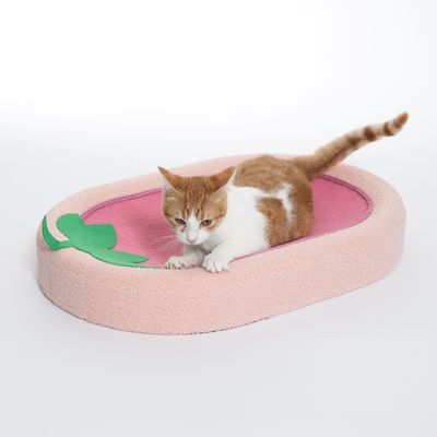 Kattenbed in roze met groen bladmotief, kat ligt erop.