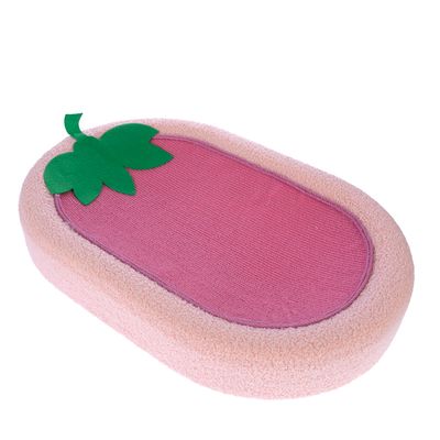 Rosa ovalt klösbräde med grönt bladmotiv, lämpligt för katter att klösa och leka med.