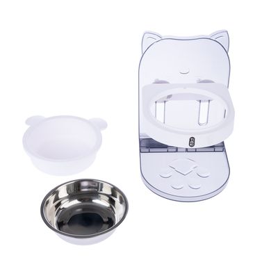 Feeding station with transparent cat motif, includes white plastic bowl and stainless steel dish.
