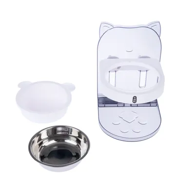 Futterstation mit transparentem Katzenmotiv, inklusive weisser Kunststoffschale und Edelstahl-Napf.