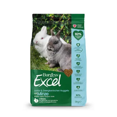 Burgess Excel Junior & Zwergkaninchen Nuggets mintulla, 9 kg. Edistää hammasterveyttä, sisältää antioksidantteja ja lisäproteiinia immuunijärjestelmälle. Brittiläinen perheyritys.