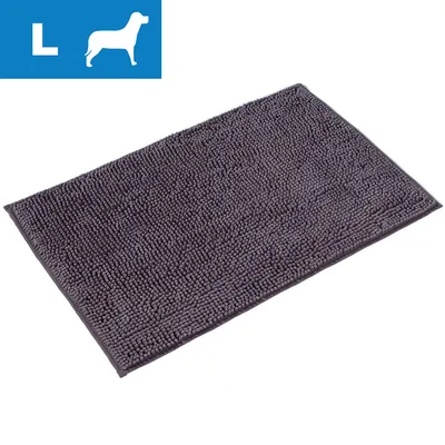 Rektangulär grå matta i textilmaterial. Blå ruta med vit siluett av hund och bokstaven L syns i hörnet, indikerar storlek Large. Rektangulär grå matta i textilmaterial. Blå ruta med vit siluett av hund och bokstaven L syns i hörnet, indikerar storlek Large.