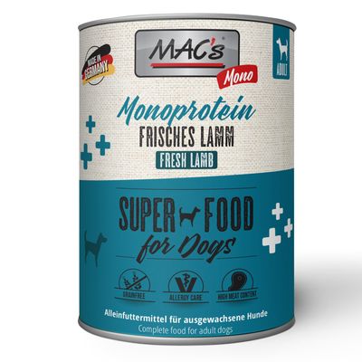 Lot de 24 boîtes MAC's Super Food for Dogs Monoprotein Frische Pute 800 g, sans céréales, soin allergie, 93 % dinde. Texte en anglais et allemand visible sur l’emballage.