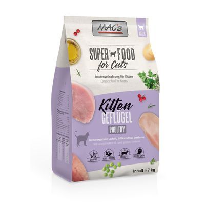 MAC's Super Food for Cats Kitten Geflügel Poultry, droogvoer voor kittens, inhoud 7 kg. Zichtbare iconen: zonder granen, geen toegevoegde suiker, rijk aan vlees, zonder soja.
