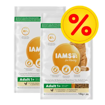 Two bags of IAMS for Vitality Adult 1+ with fresh chicken, showing 87% animal protein and a percentage discount symbol in the corner.