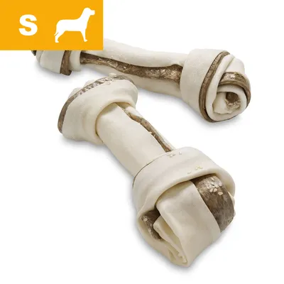 To knudeben af lyst og mørkt materiale, størrelse S angivet med gul felt og hvid hundesilhuet samt bogstavet S øverst til venstre. To knudeben af lyst og mørkt materiale, størrelse S angivet med gul felt og hvid hundesilhuet samt bogstavet S øverst til venstre.