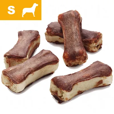 Fem små hundebenformede godbidder, brun og beige farve. Øverst til venstre gul felt med hvidt S og hundesilhuet, indikerer størrelse small til hund.