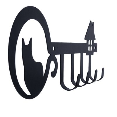 Black metal wall hook with cat motif and house design, five hooks for hanging.