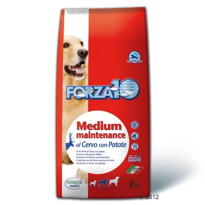 Упаковка корма Forza10 Medium maintenance al Cervo con Patate, 2 кг. Видны изображения собаки и значки: Made in Italy, Progetto Salute, вес 2 кг.