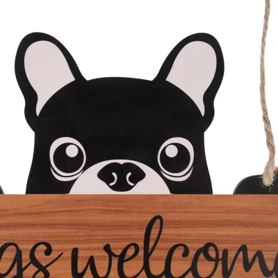 Wooden sign with the inscription 'Dogs welcome' and an illustration of a dog's head. Decorative item for hanging.