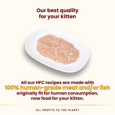 Szöveg angolul: Our best quality for your kitten. 100% human-grade meat and/or fish. All profits to the planet.