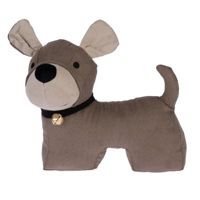 Brown fabric dog-shaped toy with black collar and golden bell.