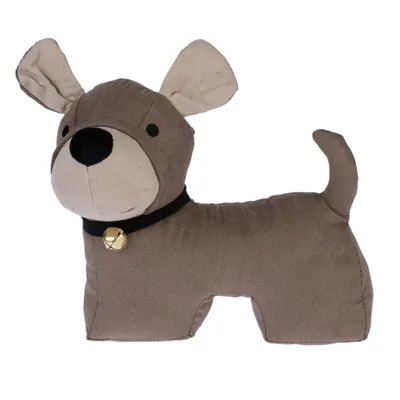 Brown fabric dog-shaped toy with black collar and golden bell.
