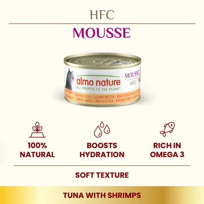 almo nature HFC Mousse cat food tin, text: 100% natural, boosts hydration, rich in omega 3, soft texture, tuna with shrimps, all profits to the planet