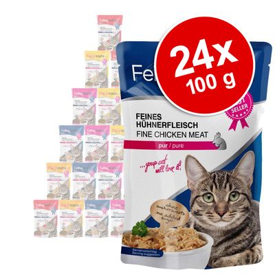 Feline Porta 21 Tiszta, finom csirkemell, 24x, 100g, hozzáadott cukor nélkül. Felirat: a cicád imádni fogja! Tálalási javaslat: tál és macska látható.