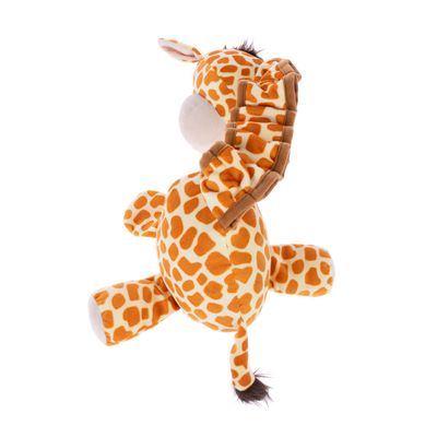 Pluche speelgoed in giraffevorm met oranje-witte vlekken en bruine accenten, geschikt voor huisdieren.
