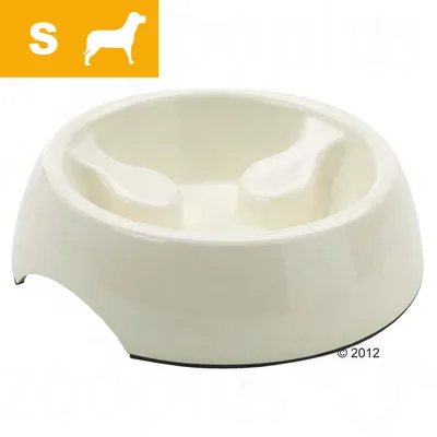 Gamelle anti-glouton en plastique beige, taille S indiquée par pictogramme chien et lettre S sur fond orange. Marquage © 2012 visible.