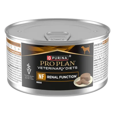 Purina Pro Plan Veterinary Diets NF Renal Function мус, специална храна за кучета с бъбречни проблеми. Кутия с изображение на продукта и текстова информация.