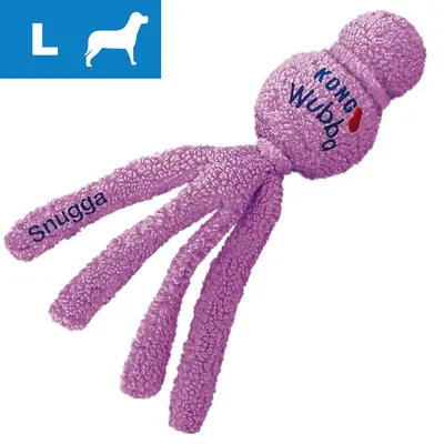 Lilla plyslegetøj med teksten 'KONG Wubba' og 'Snugga', størrelse L angivet med hvidt L og hundesilhuet på blå baggrund. Materiale: stof.