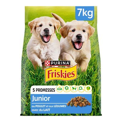 Purina Friskies Junior hondenvoer, 7 kg. Tekst: 5 promesses, Junior, au poulet et aux légumes avec du lait. Afbeelding van brokjes en twee jonge honden op de verpakking.