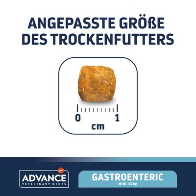 Angepasste Grösse des Trockenfutters, ca. 1 cm. Advance Veterinary Diets Gastroenteric Mini <10 kg.