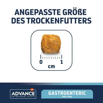 Angepasste Grösse des Trockenfutters, ca. 1 cm. Advance Veterinary Diets Gastroenteric Mini <10 kg.