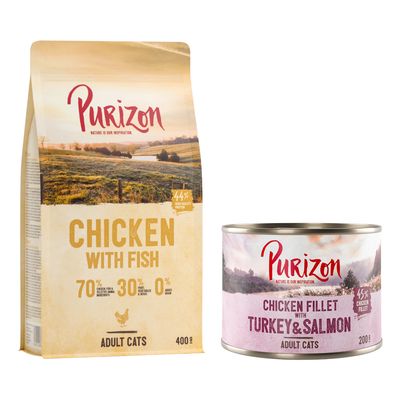 Purizon Chicken with Fish pour chats adultes, 70 % ingrédients animaux, 30 % végétaux. Boîte Purizon Chicken Fillet with Turkey & Salmon, 45 % filet de poulet, 200 g. Badge Bi-nutrition.