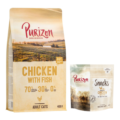 Purizon Dry Cat Food: 70 % lihaa ja kalaa, 30 % hedelmiä ja vihanneksia, 0 % viljaa. Purizon Snacks for Cats: 100 % liha, maksa ja kala. Tarjousprosenttimerkki kuvassa.