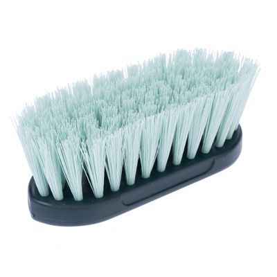 Ръчна четка със светлозелени пластмасови влакна и черна дръжка, подходяща за почистване.