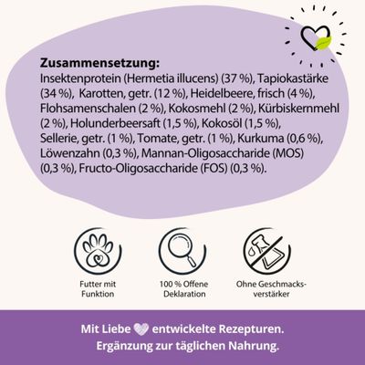 Zusammensetzung: Insektenprotein, Tapiokastärke, Karotten, Heidelbeere, Flohsamenschalen, Kokosmehl, Kürbiskernmehl, Holunderbeersaft, Kokosöl, Sellerie, Tomate, Kurkuma, Löwenzahn, MOS, FOS.