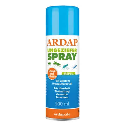 ARDAP Ungeziefer Spray, schnell und effektiv, Repell, bei akutem Ungezieferbefall. Für Haushalt, Tierhaltung, Gewerbe, Terrassen. Inhalt: 200 ml.