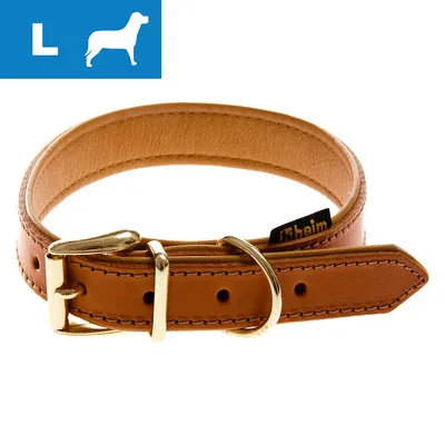 Heim hundehalsbånd i brunt læder med metalspænde og ring, størrelse L vist med blå ikon øverst til venstre med hvid hundesilhuet og bogstavet L.