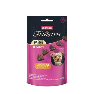 animonda Vom Feinsten Mini Bites, Huhn mit Artischocke, sachet de 50 g, sans céréales, soja, sucre ni exhausteur de goût, photo d’un petit chien sur l’emballage