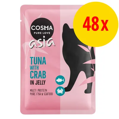 COSMA PURE LOVE asia TUNA WITH CRAB IN JELLY, multi protein pure fish & seafood, 48x annospakkaus, vaaleanpunainen pussi, musta kissasiluetti, englanninkielinen teksti