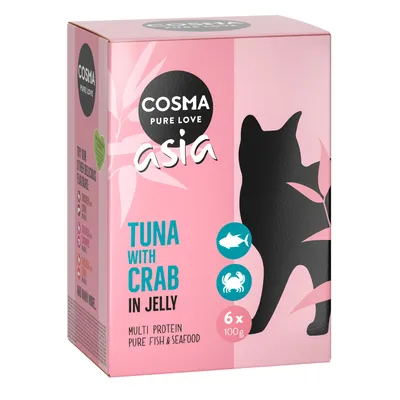Cosma Pure Love Asia Tuna with Crab in Jelly, 6×100g, multi protein, pure fish & seafood feliratú macskaeledel csomagolás látható.