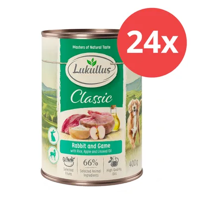 Lukullus Classic Rabbit and Game mit Reis, Apfel und Leinöl. 66% ausgewählte tierische Zutaten, hochwertige Öle, 400g Dose, 24x Packung.