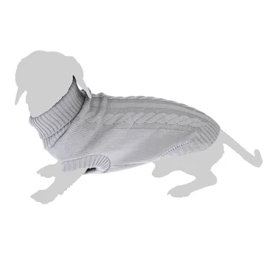 Pull pour chien en maille grise avec col roulé et motif torsadé visible sur le dos, présenté sur une silhouette de chien.