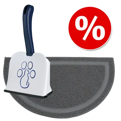Set med grå matta och vitt skopverktyg med kattasslogotyp. Röd procentsymbol för rabatt synlig.