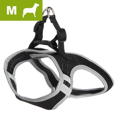 Szelki dla psa, rozmiar M, czarne z szarymi obszyciami, widoczne klamry i metalowe kółka do przypięcia smyczy. Materiał tekstylny.