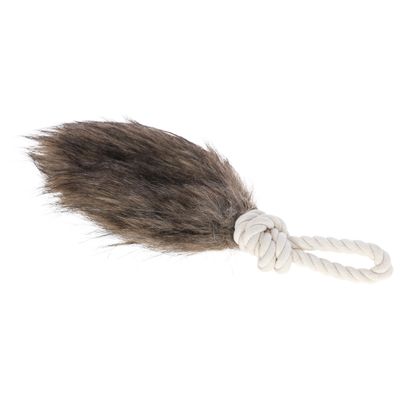 Jouet pour animal composé d'une corde torsadée blanche formant une boucle et d'un embout en fourrure synthétique marron-gris, sans marque visible.