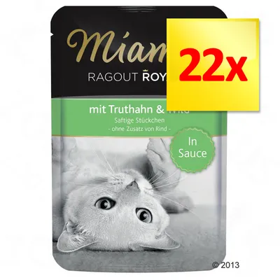 Miamor Ragout Royale kattemad, 22x poser, mit Truthahn & Wild, saftige Stückchen, ohne Zusatz von Rind, In Sauce. Tekst på tysk.