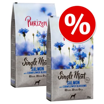 Two bags labelled Single Meat Salmon with Cornflower Blossoms, 65% salmon, 35% vegetables, 0% grain, 12kg, with a red percentage discount symbol shown.