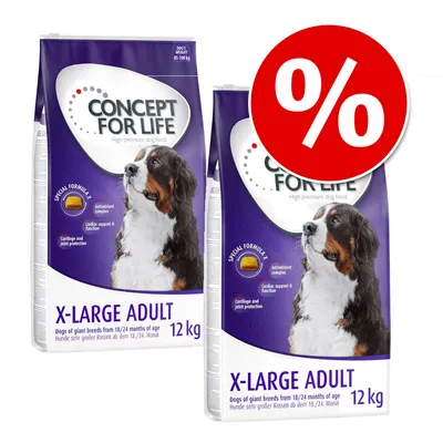 Concept for Life X-Large Adult, 2 worki po 12 kg, karma dla psów ras olbrzymich. Widoczny symbol procentu oznaczający promocję lub rabat.