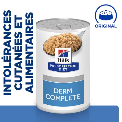 Boîte de nourriture Hill's Prescription Diet Derm Complete. Texte visible : intolérances cutanées et alimentaires, ORIGINAL.