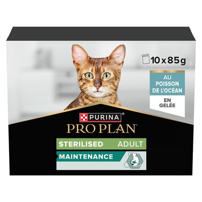 Purina Pro Plan Sterilised Adult Maintenance, 10 x 85g, с океанска риба в желе. Опаковката показва котка и символ за рециклиране.